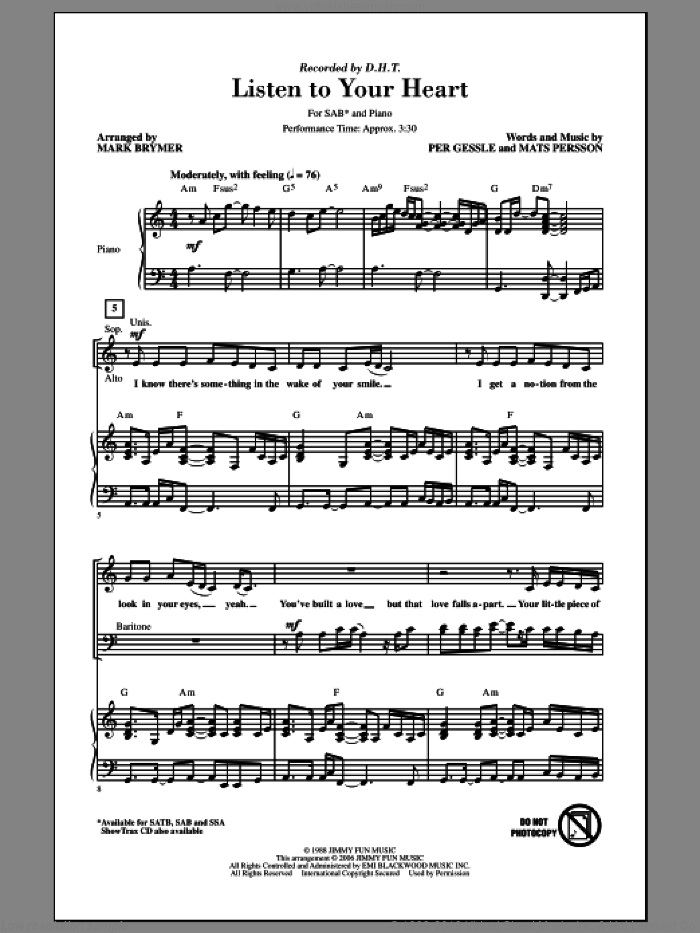 Listen To Your Heart sheet music for choir (SAB: soprano, alto, bass) by Mark Brymer and Roxette, intermediate skill level