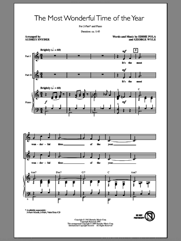 The Most Wonderful Time Of The Year sheet music for choir (2-Part) by Audrey Snyder, intermediate duet