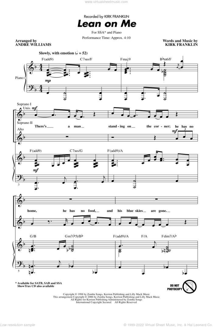 Lean On Me sheet music for choir (SSA: soprano, alto) by Kirk Franklin and Andre Williams, intermediate skill level