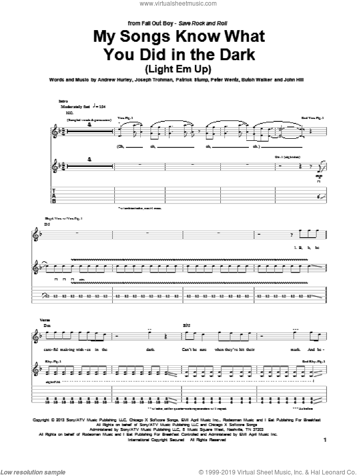 My Songs Know What You Did In The Dark (Light Em Up) sheet music for guitar (tablature) by Fall Out Boy, intermediate skill level