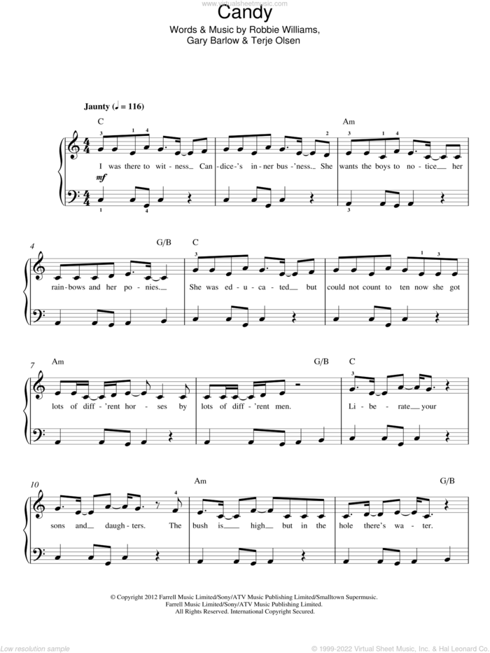 Candy sheet music for piano solo by Robbie Williams, Gary Barlow and Terje Olsen, easy skill level