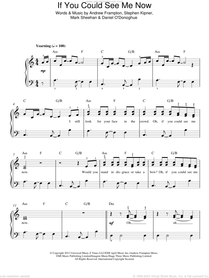 If You Could See Me Now sheet music for piano solo by The Script, Andrew Frampton, Mark Sheehan and Steve Kipner, easy skill level
