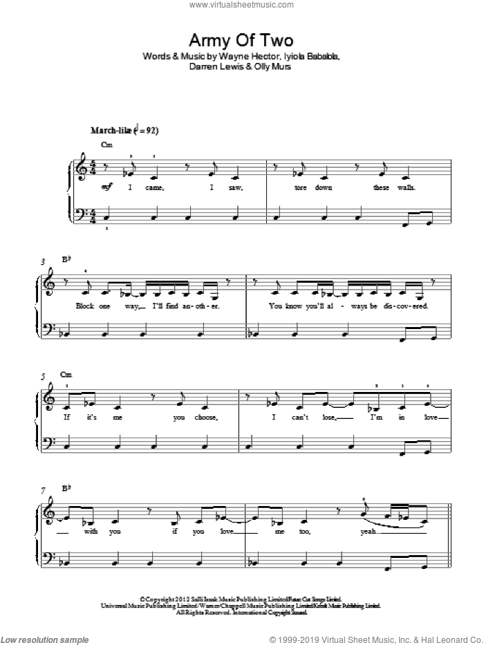 Army Of Two sheet music for piano solo by Olly Murs, Darren Lewis, Iyiola Babalola and Wayne Hector, easy skill level
