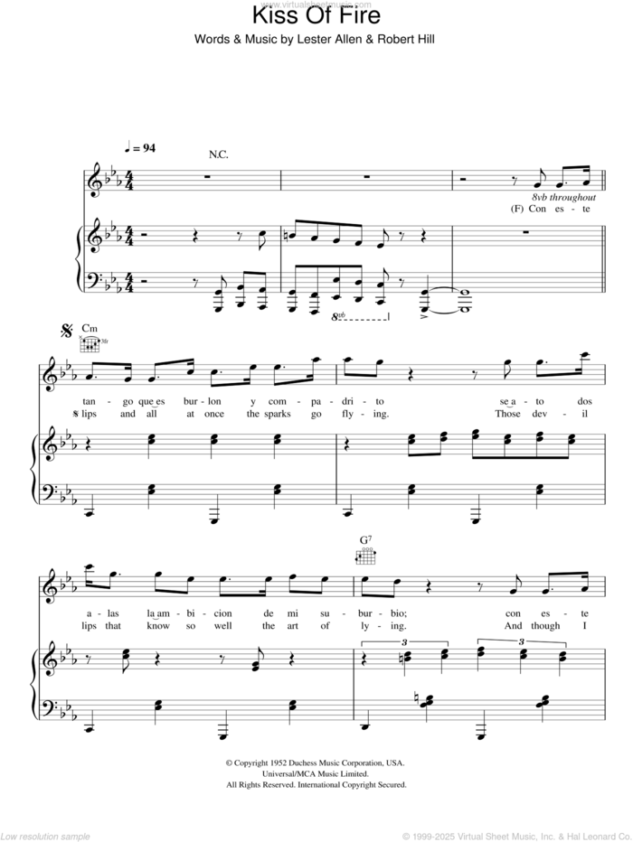 Kiss Of Fire sheet music for voice, piano or guitar by Hugh Laurie, Lester Allen and Robert Hill, intermediate skill level