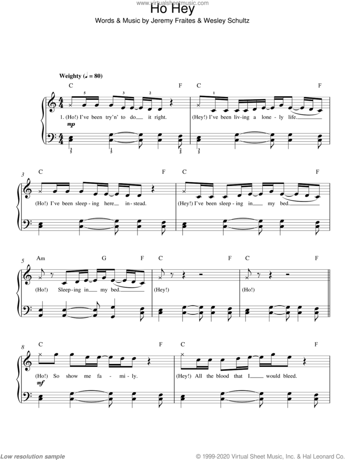 Ho Hey, (easy) sheet music for piano solo by The Lumineers, Jeremy Fraites and Wesley Schultz, easy skill level