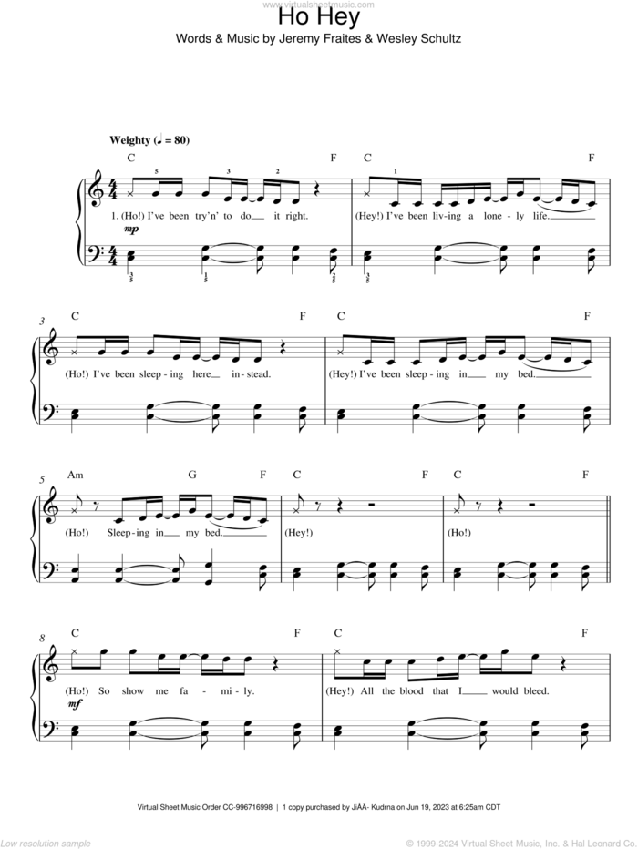 Ho Hey, (easy) sheet music for piano solo by The Lumineers, Jeremy Fraites and Wesley Schultz, easy skill level