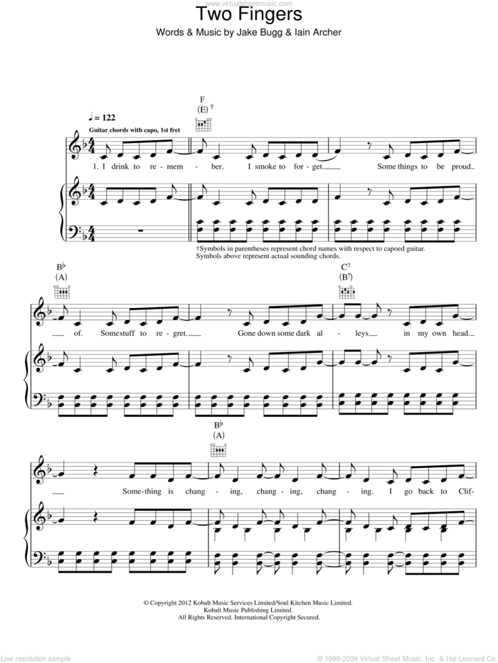 Two Fingers sheet music for voice, piano or guitar by Jake Bugg and Iain Archer, intermediate skill level