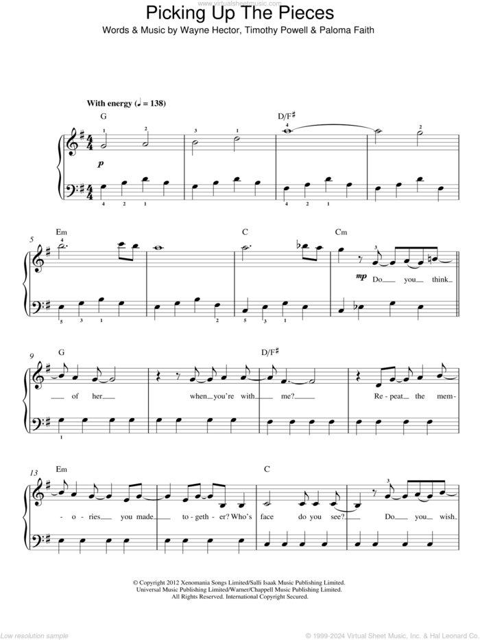 Picking Up The Pieces sheet music for piano solo by Paloma Faith, Timothy Powell and Wayne Hector, easy skill level