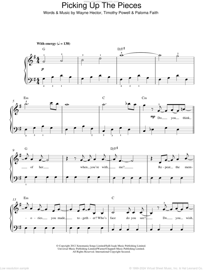 Picking Up The Pieces, (easy) sheet music for piano solo by Paloma Faith, Timothy Powell and Wayne Hector, easy skill level