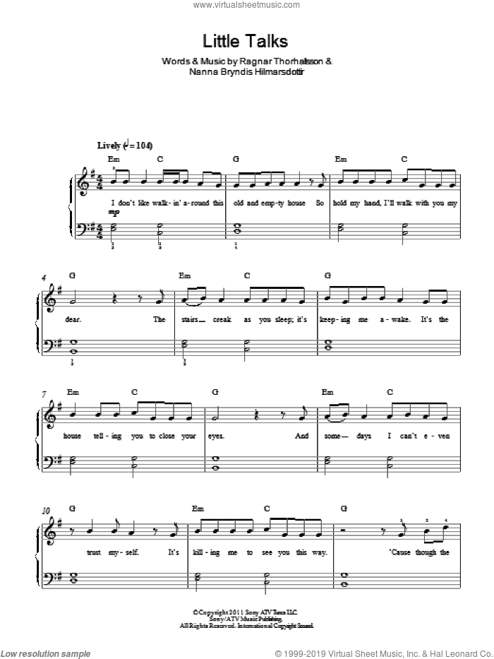 Little Talks sheet music for piano solo by Of Monsters And Men, Nanna Bryndis Hilmarsdottir and Ragnar Thorhallsson, easy skill level