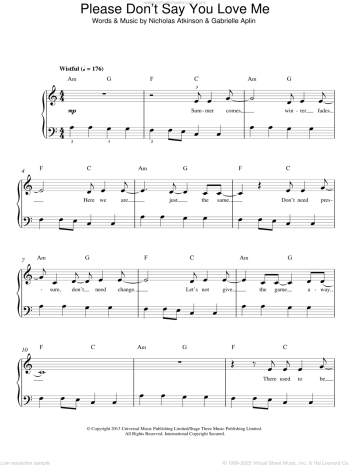 Please Don't Say You Love Me sheet music for piano solo by Gabrielle Aplin and Nicholas Atkinson, easy skill level