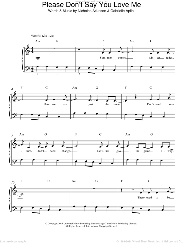 Please Don't Say You Love Me sheet music for piano solo by Gabrielle Aplin and Nicholas Atkinson, easy skill level