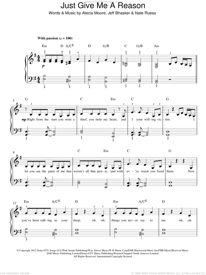 Just Give Me A Reason sheet music for piano solo by P!nk, Alecia Moore, Jeff Bhasker and Nate Ruess, easy skill level