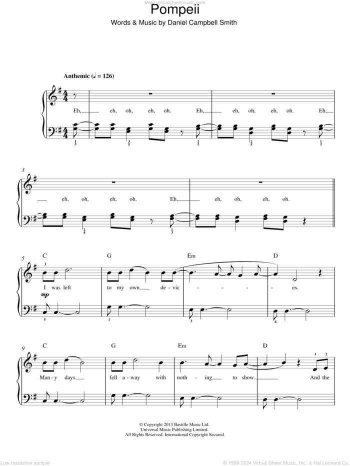 Pompeii sheet music for piano solo by Bastille and Daniel Campbell Smith, easy skill level