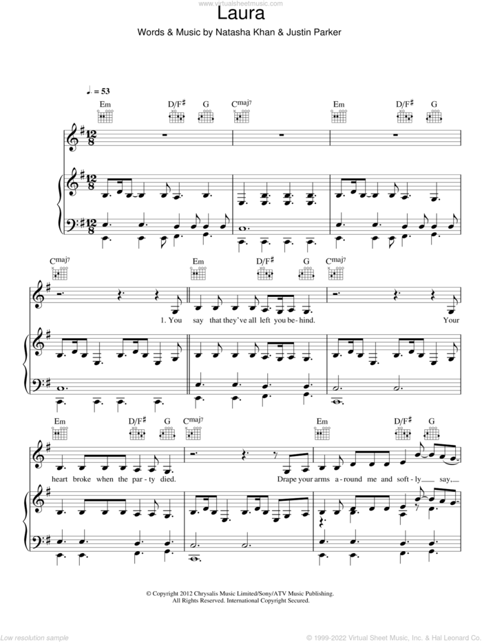 Laura sheet music for voice, piano or guitar by Bat For Lashes, Justin Parker and Natasha Khan, intermediate skill level