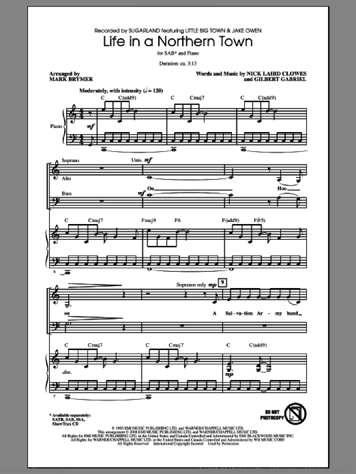 Life In A Northern Town sheet music for choir (SAB: soprano, alto, bass) by Mark Brymer and Sugarland, intermediate skill level