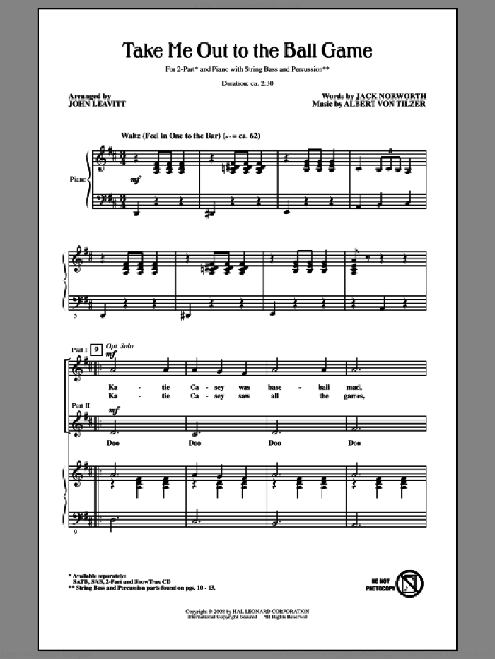 Take Me Out To The Ball Game sheet music for choir (2-Part) by John Leavitt, Albert von Tilzer and Jack Norworth, intermediate duet