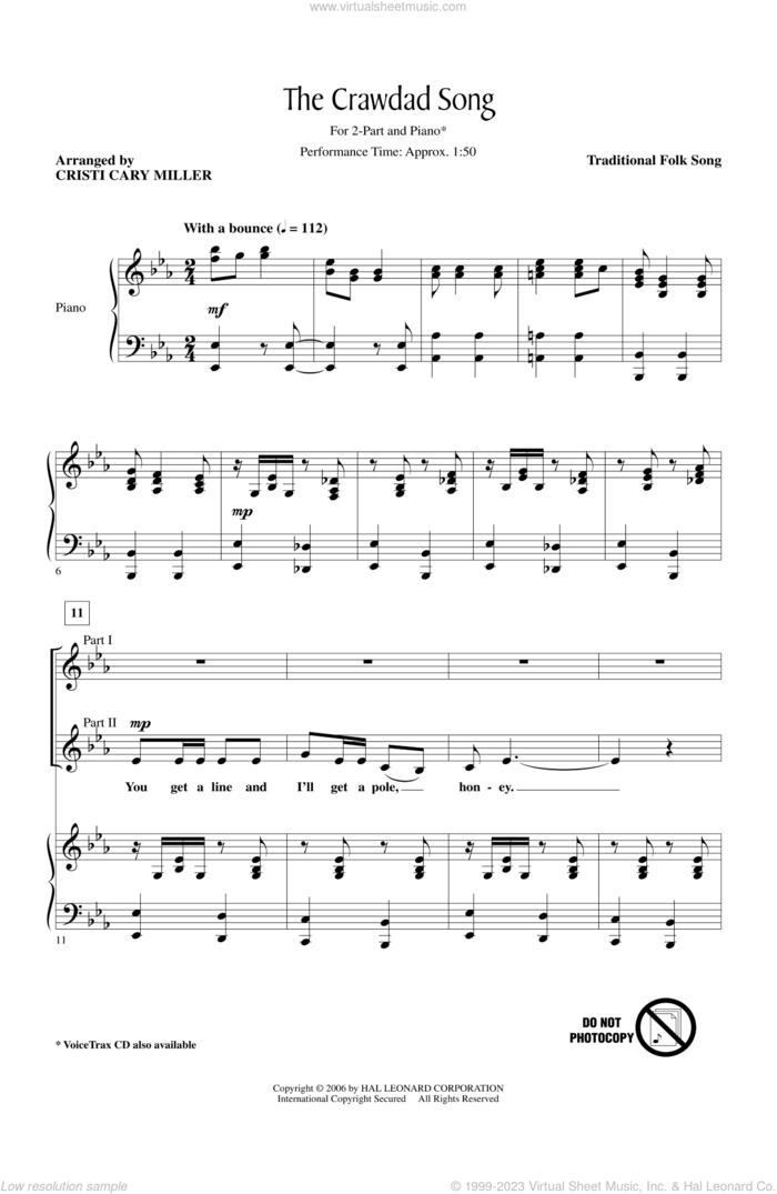 The Crawdad Song sheet music for choir (2-Part) by Cristi Cary Miller, intermediate duet