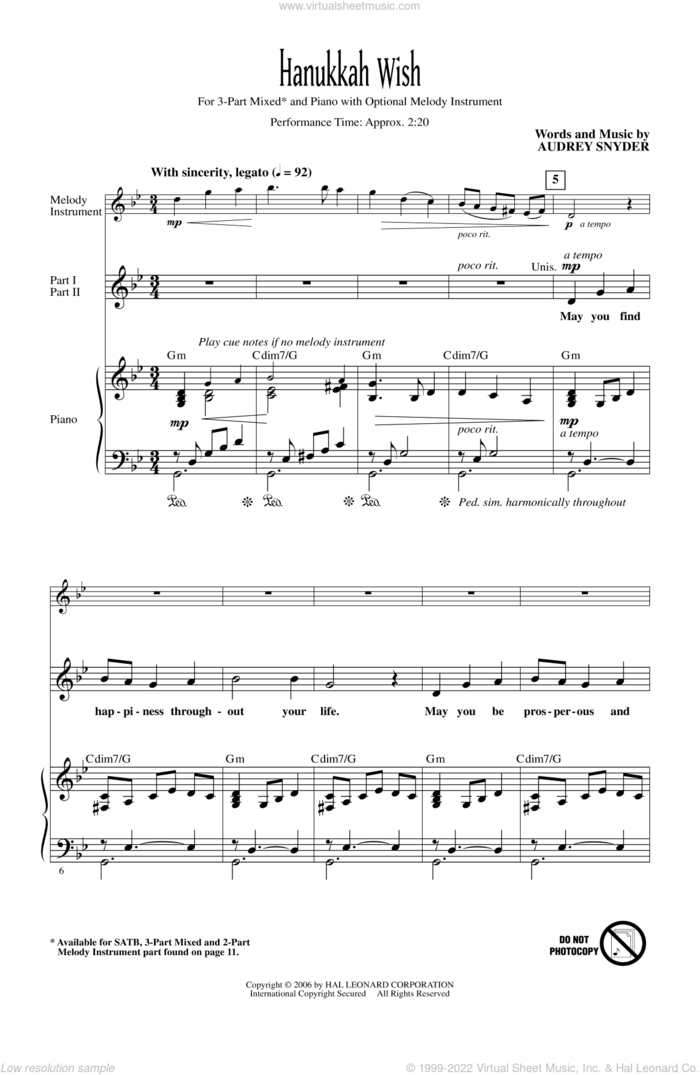 Hanukkah Wish sheet music for choir (3-Part Mixed) by Audrey Snyder, intermediate skill level