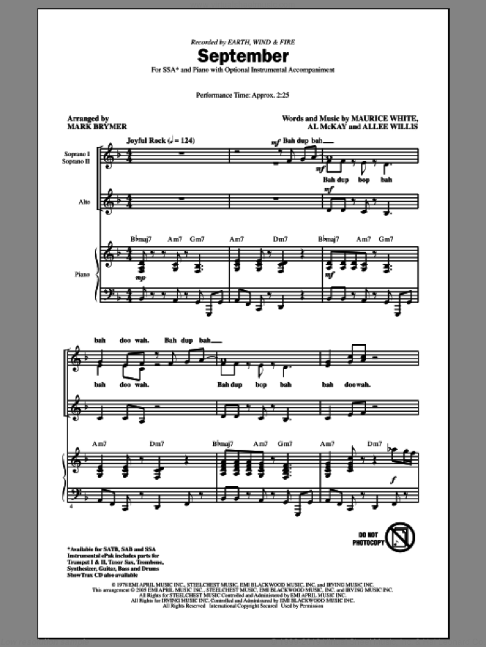 September (arr. Mark Brymer) sheet music for choir (SSA: soprano, alto) by Mark Brymer, Al McKay, Allee Willis, Earth, Wind & Fire and Maurice White, intermediate skill level