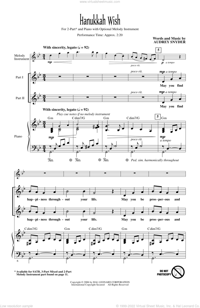 Hanukkah Wish sheet music for choir (2-Part) by Audrey Snyder, intermediate duet