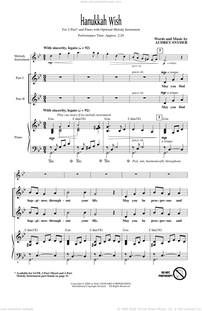 Hanukkah Wish sheet music for choir (2-Part) by Audrey Snyder, intermediate duet