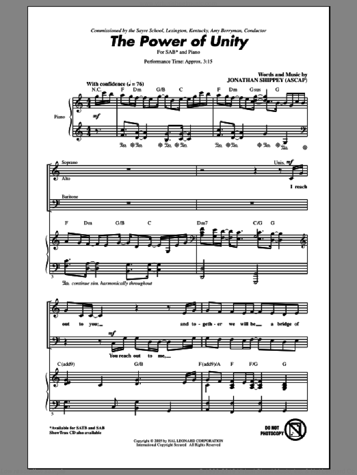 The Power Of Unity sheet music for choir (SAB: soprano, alto, bass) by Jonathan Shippey, intermediate skill level