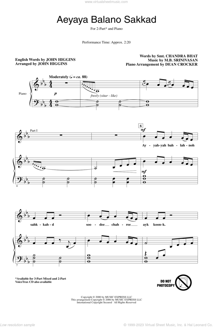 Aeyaya Balano Sakkad sheet music for choir (2-Part) by John Higgins, intermediate duet