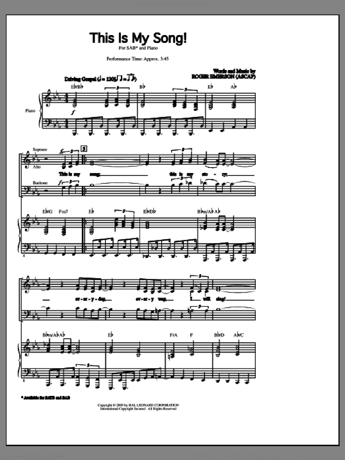 This Is My Song! sheet music for choir (SAB: soprano, alto, bass) by Roger Emerson, intermediate skill level