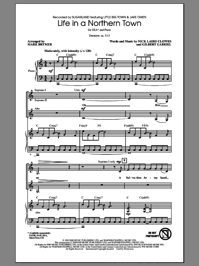 Life In A Northern Town sheet music for choir (SSA: soprano, alto) by Mark Brymer and Sugarland, intermediate skill level
