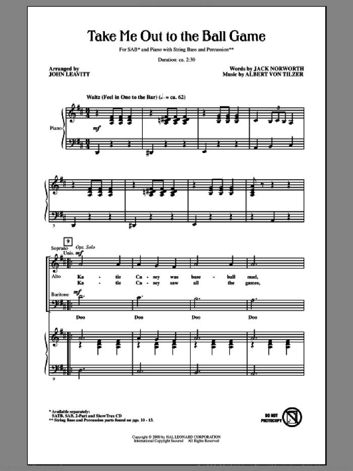 Take Me Out To The Ball Game sheet music for choir (SAB: soprano, alto, bass) by John Leavitt, Albert von Tilzer and Jack Norworth, intermediate skill level