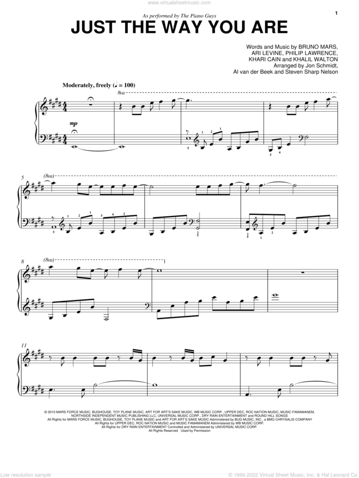 Just The Way You Are sheet music for piano solo by The Piano Guys and Bruno Mars, classical wedding score, intermediate skill level