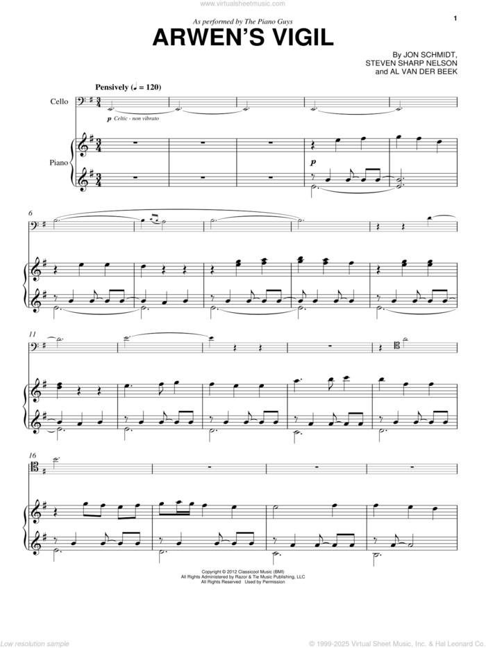 Arwen's Vigil sheet music for cello and piano by The Piano Guys, Al van der Beek, Jon Schmidt and Steven Sharp Nelson, classical score, intermediate skill level