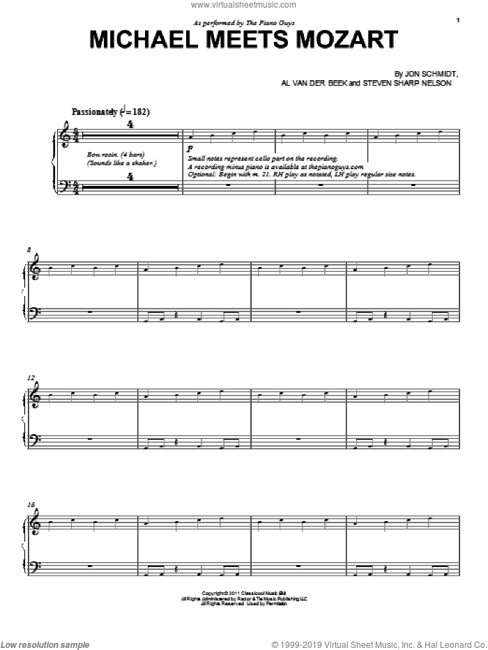 Michael Meets Mozart sheet music for piano solo by The Piano Guys, Al van der Beek and Jon Schmidt, classical score, intermediate skill level