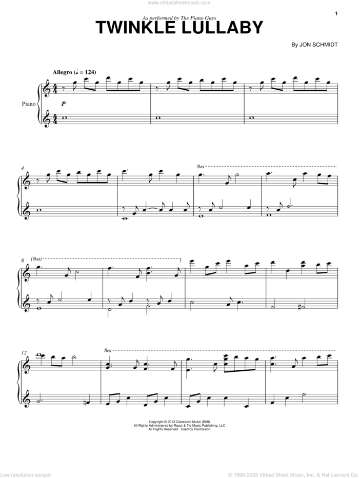 Twinkle Lullaby sheet music for cello and piano by The Piano Guys and Jon Schmidt, classical score, intermediate skill level