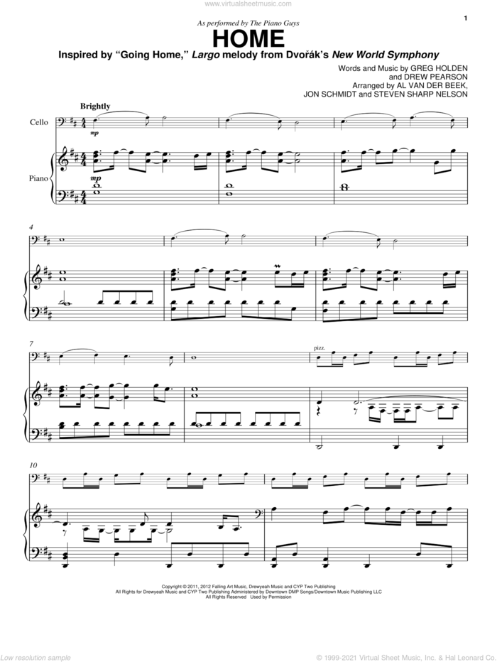 Home sheet music for cello and piano by The Piano Guys and Phillip Phillips, classical score, intermediate skill level
