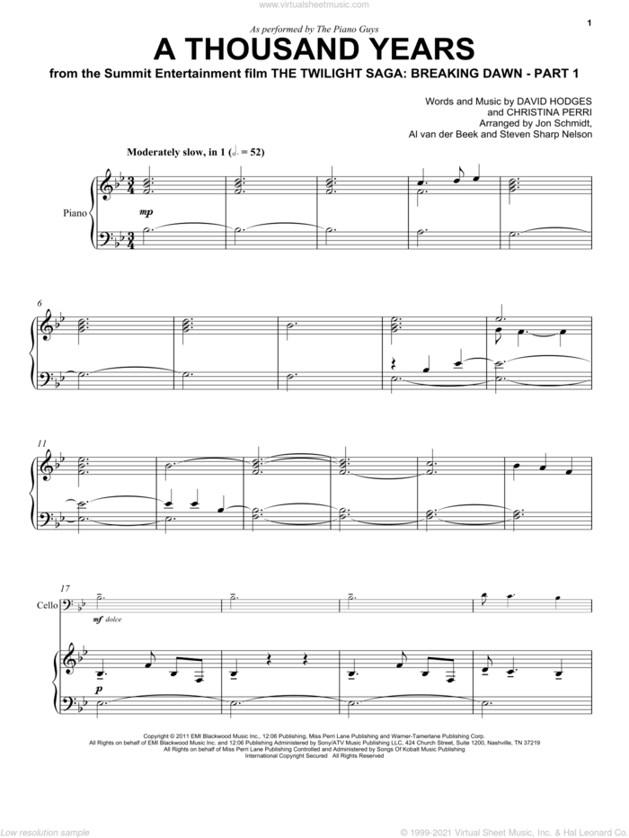 A Thousand Years sheet music for cello and piano by The Piano Guys, Christina Perri and David Hodges, classical wedding score, intermediate skill level