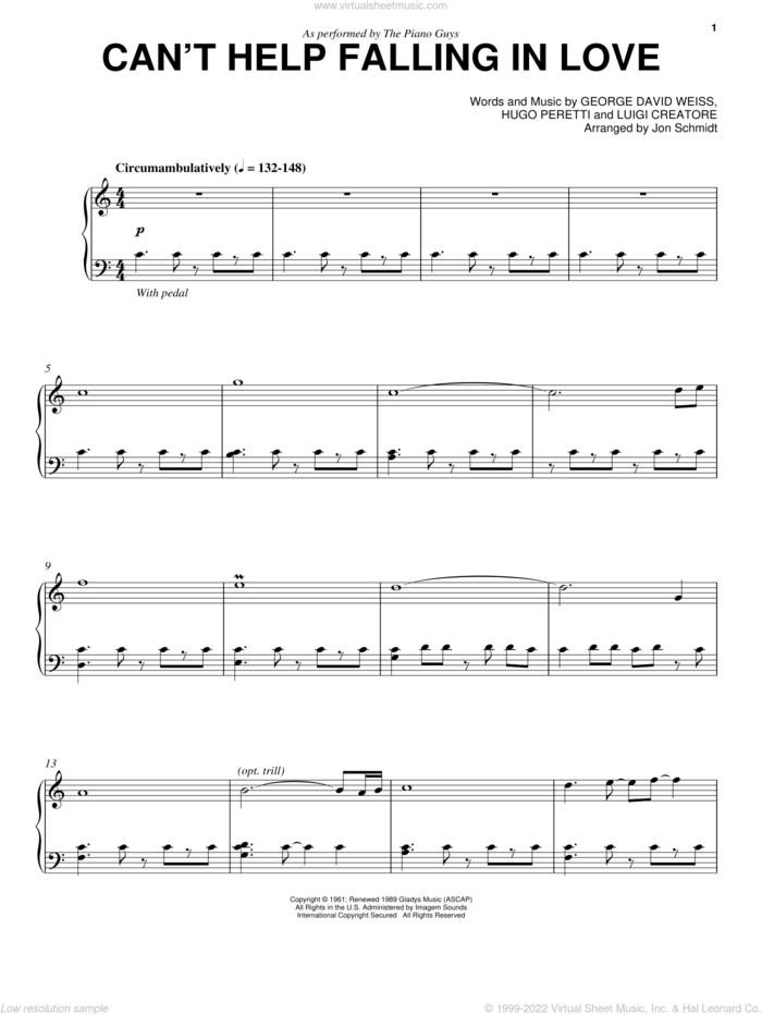 Can't Help Falling In Love sheet music for piano solo by The Piano Guys, Elvis Presley and UB40, classical wedding score, intermediate skill level
