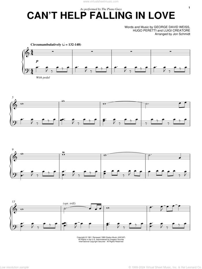 Can't Help Falling In Love sheet music for piano solo by The Piano Guys, Elvis Presley and UB40, classical wedding score, intermediate skill level