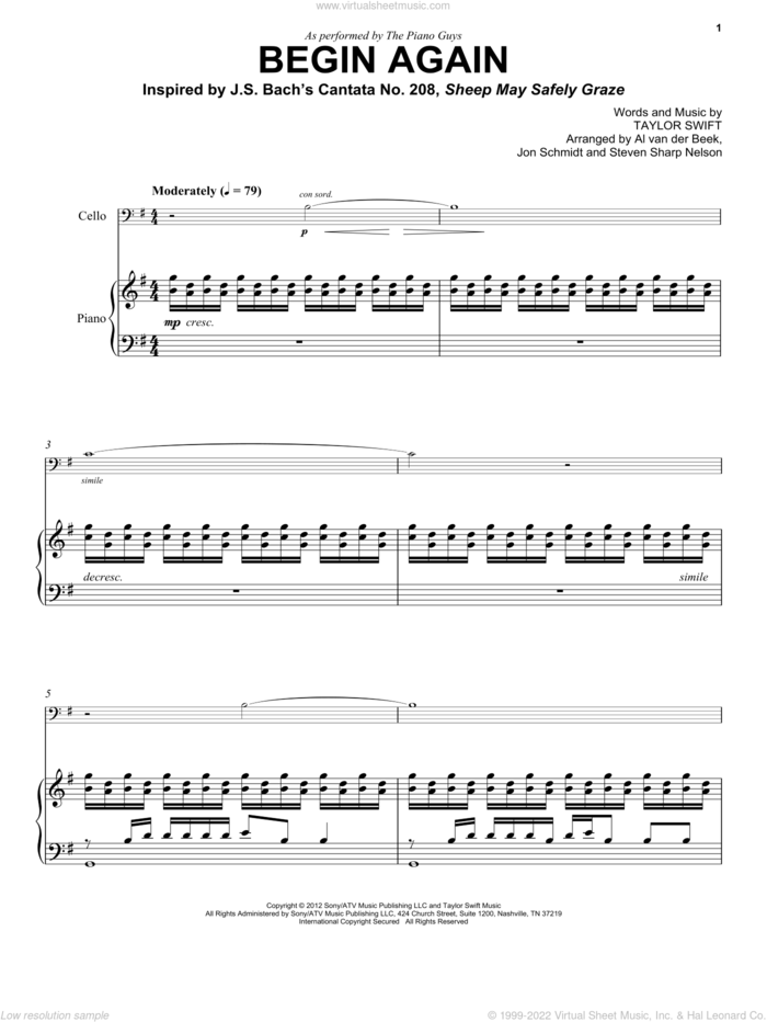 Begin Again sheet music for cello and piano by The Piano Guys and Taylor Swift, classical score, intermediate skill level