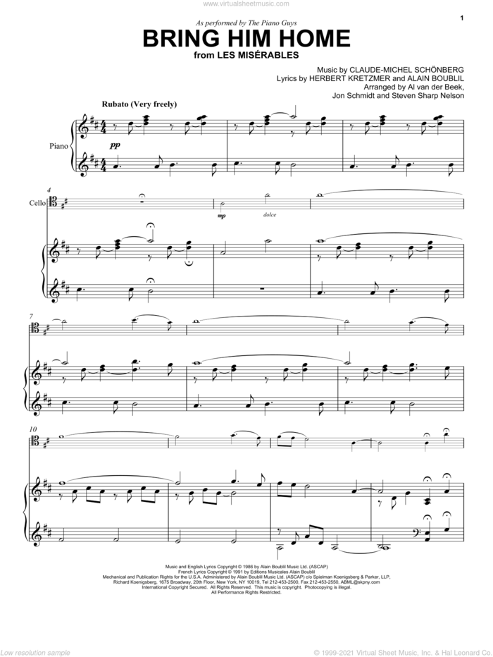 Bring Him Home sheet music for cello and piano by The Piano Guys, Alain Boublil and Claude-Michel Schonberg, classical score, intermediate skill level
