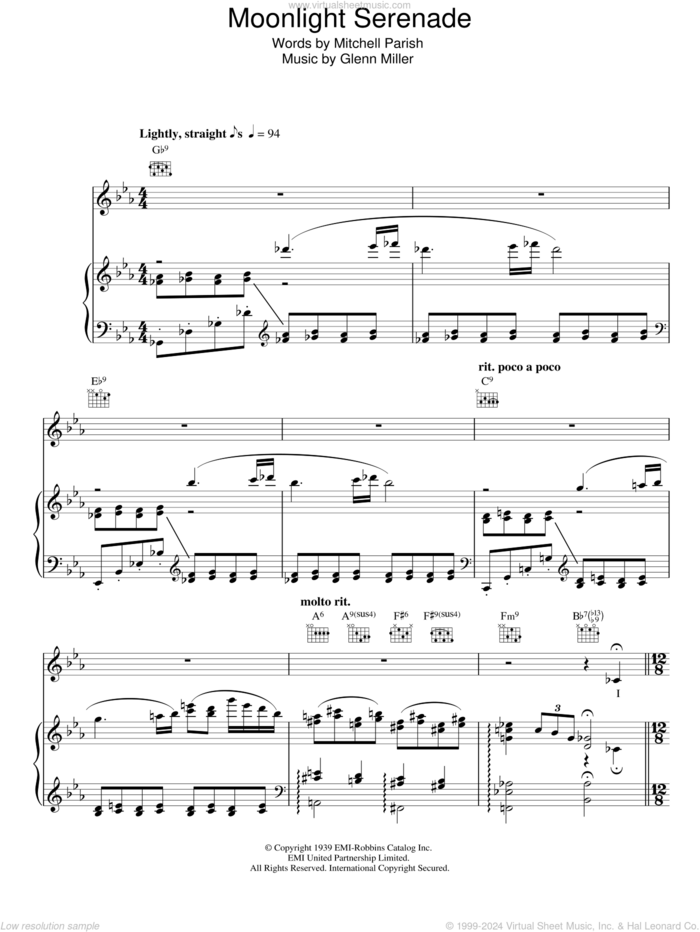 Moonlight Serenade sheet music for voice, piano or guitar by Frank Sinatra, Glenn Miller and Mitchell Parish, intermediate skill level