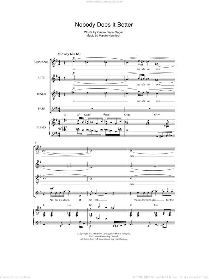 Nobody Does It Better sheet music for choir by Carly Simon, Carole Bayer Sager and Marvin Hamlisch, intermediate skill level