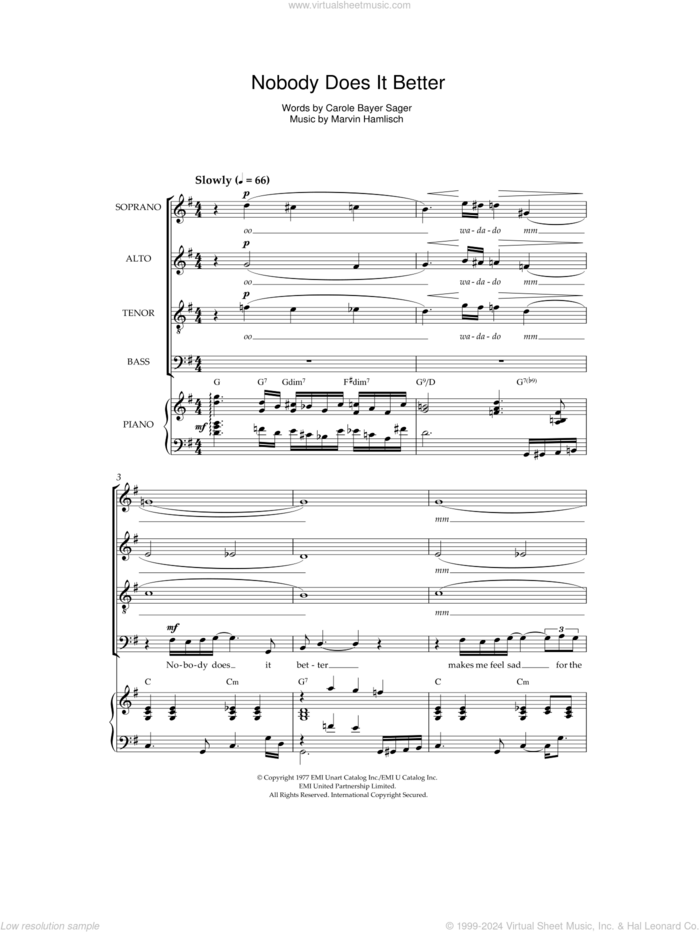 Nobody Does It Better sheet music for choir by Carly Simon, Carole Bayer Sager and Marvin Hamlisch, intermediate skill level