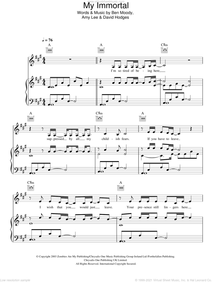 My Immortal sheet music for voice, piano or guitar by Andrea Begley, Amy Lee, Ben Moody and David Hodges, intermediate skill level