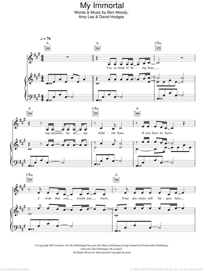 My Immortal sheet music for voice, piano or guitar by Andrea Begley, Amy Lee, Ben Moody and David Hodges, intermediate skill level