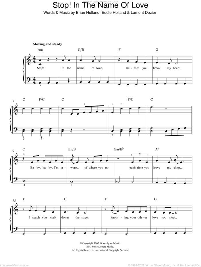 Stop! In The Name Of Love sheet music for piano solo by The Supremes, Brian Holland, Eddie Holland and Lamont Dozier, easy skill level