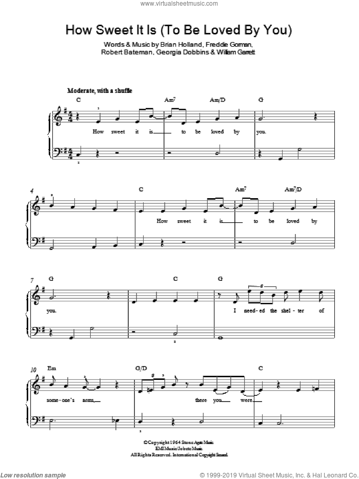 How Sweet It Is (To Be Loved By You), (easy) sheet music for piano solo by Marvin Gaye, Brian Holland, Freddie Gorman, Georgia Dobbins, Robert Bateman and William Garrett, easy skill level