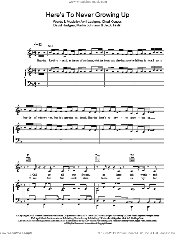 Here's To Never Growing Up sheet music for voice, piano or guitar by Avril Lavigne, Chad Kroeger, David Hodges, Jacob Hindlin and Martin Johnson, intermediate skill level