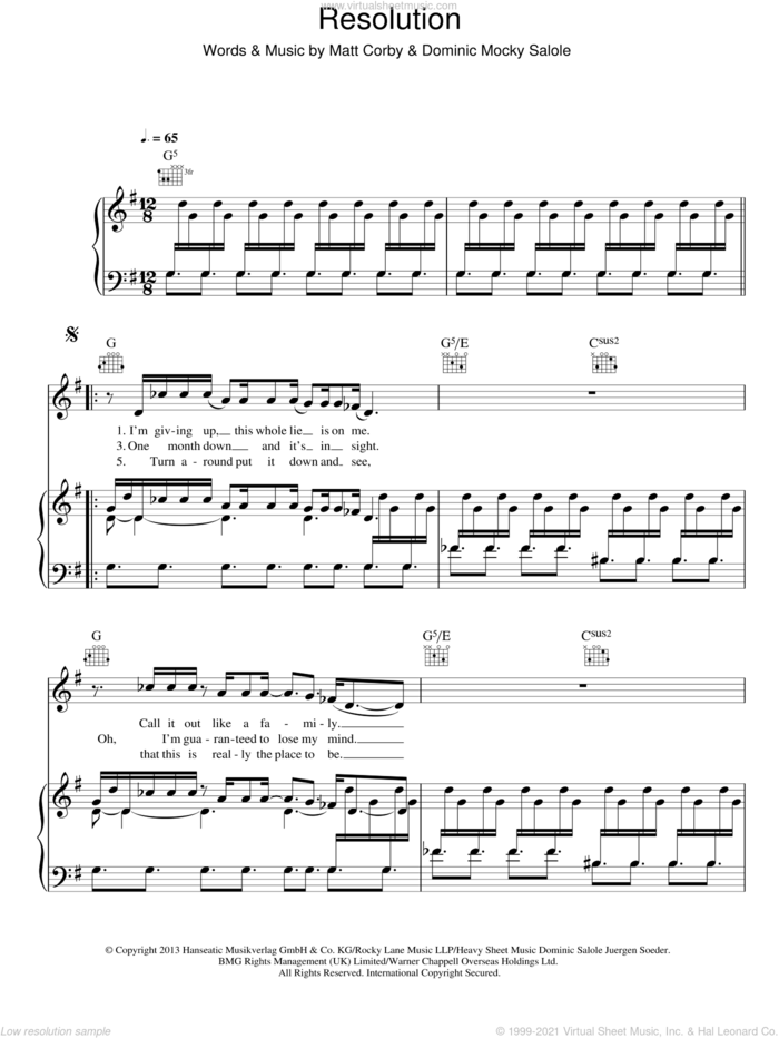 Resolution sheet music for voice, piano or guitar by Matt Corby and Dominic Mocky Salole, intermediate skill level